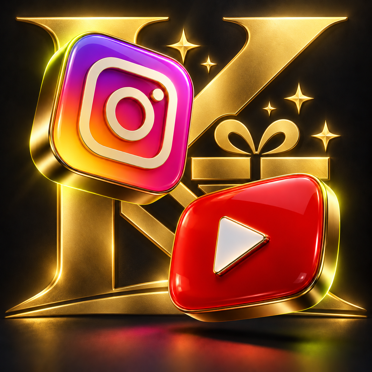 Instagram and YouTube icons in front of the gold KindMysT K and gift emblem